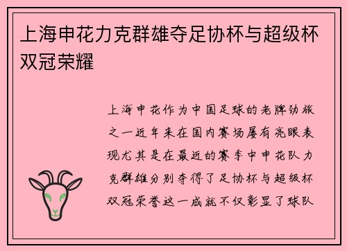 上海申花力克群雄夺足协杯与超级杯双冠荣耀 上海申花力克群雄夺足协杯与超级杯双冠荣耀