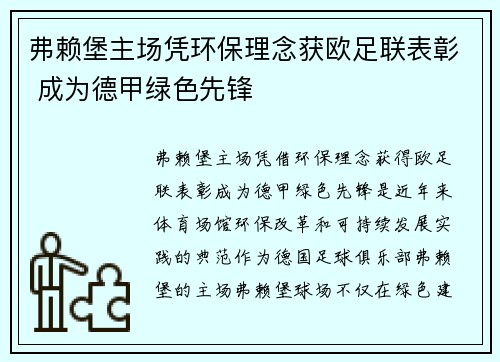弗赖堡主场凭环保理念获欧足联表彰 成为德甲绿色先锋 弗赖堡主场凭环保理念获欧足联表彰 成为德甲绿色先锋